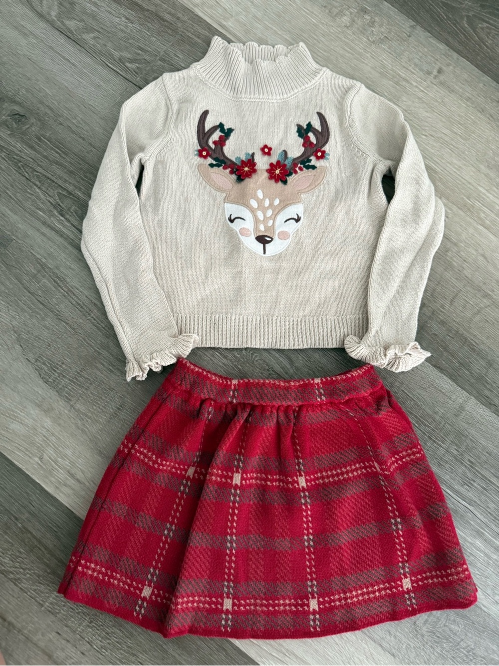 Cynthia Rowley Cream Deer Sweater with Red Plaid Skirt